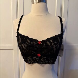 New Hanky Panky Black Lace Bralette with Red Rosettes
